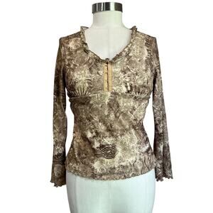 Y2K 90s Women's Cream Tan Fitted Ruffle Collar Bratz Boho Mesh Blouse Sz Large